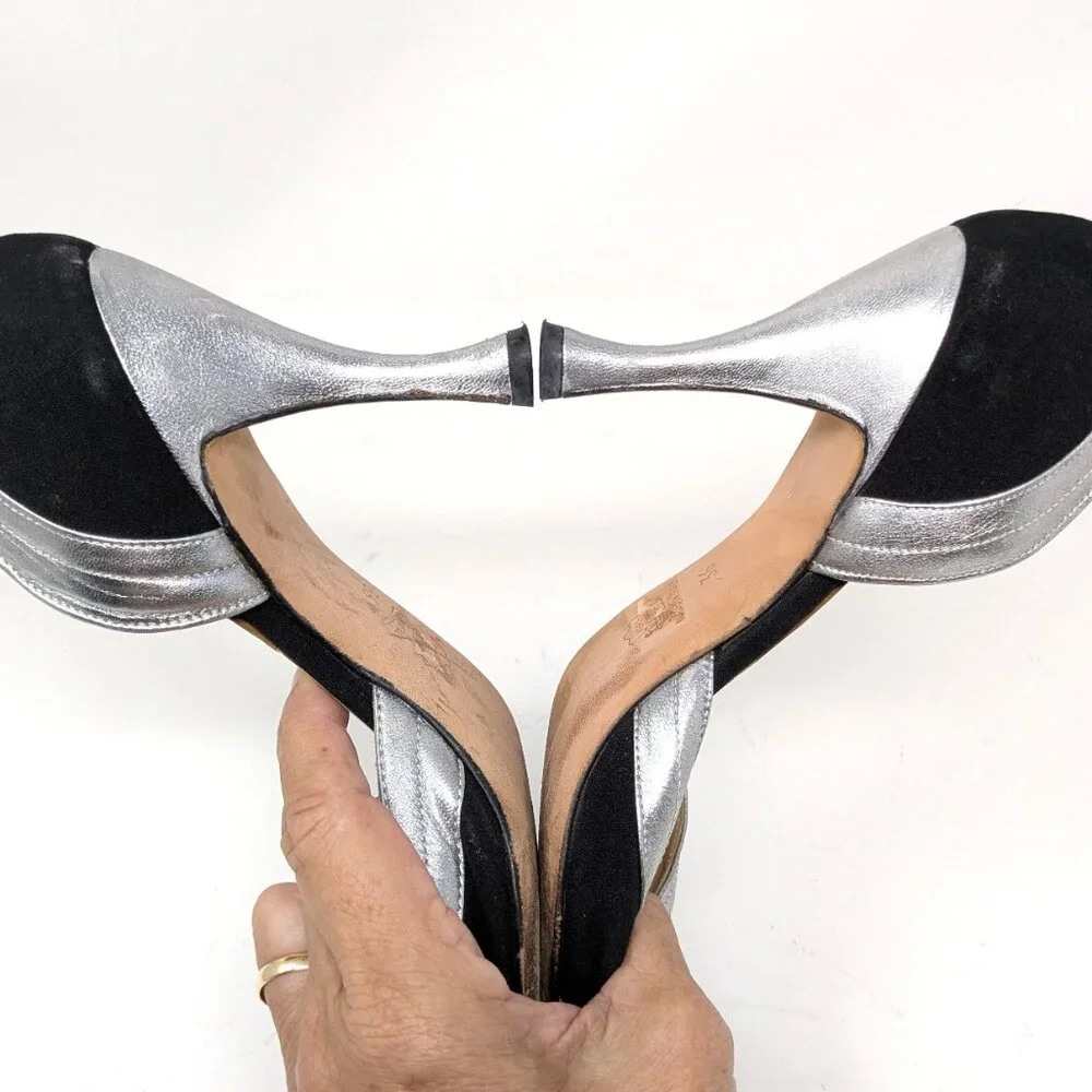 SOLDManolo Blahnik D'Orsay Pumps Black Fabric Silver Heels VTG 80s Sz 36, 6 US - Picture 11 of 16